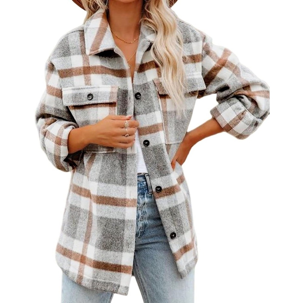 Chyrii Womens Plaid Shacket Oversized Button‎ Down Flannel Jacket Grey Brown XXL